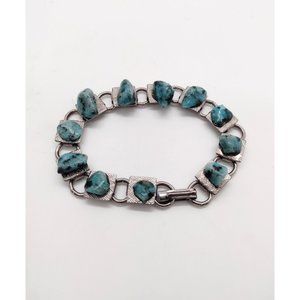Silver Tone Faux Turquoise Nugget Chain Link Bracelet Embossed Textured Blue